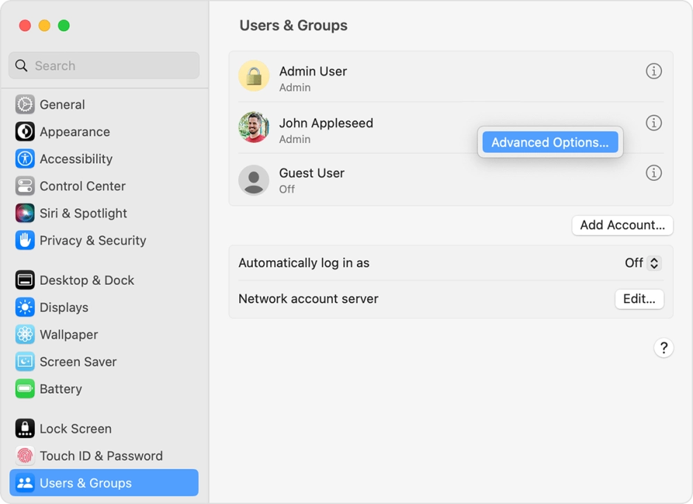 Giao diện “Users & Groups” trên macOS